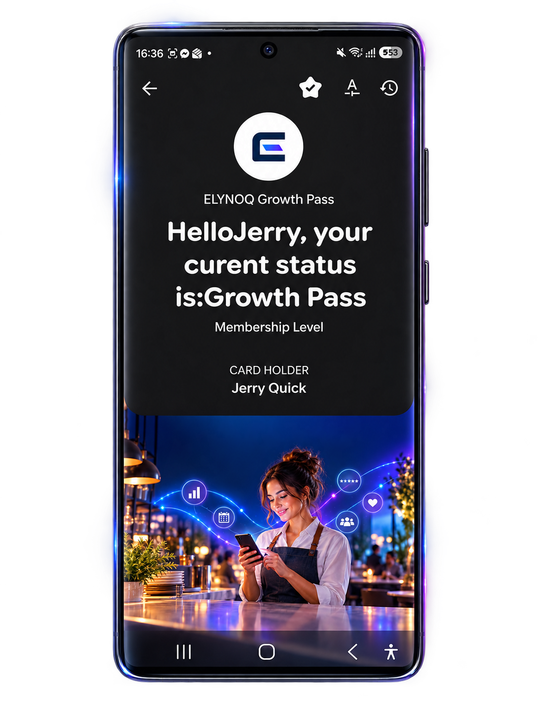 Actual ELYNOQ Growth Pass for Jerry Quick, displayed on an Android phone in Google Wallet